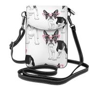 Women Crossbody Bag,PU Crossbody Wallet Purse Cell Phone Purse Small Shoulder Bag,Black Frenchie Cartoon French Bulldog Pink Glasses White Dog
