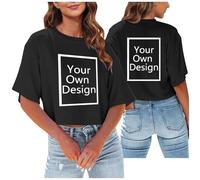 Women Custom Crop Top T Shirt Add Text Photo Image Logo Design Your Own Personalised Front and Back Print Short Sleeve Casual Loose Fit Summer Tee Black