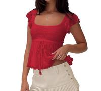 Women Cute Babydoll Frilly Top Fairycore Floral Lace Ruffle Sleeve Square Neck Baby Tee Coquette Going Out Peplum Top, Red, S