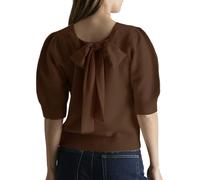 Women Cute Bow Sweater Puff Short Sleeve Crewneck Knitted Shirt Bowknot Tie Back Knit Pullover Tops (Dark Brown, S)