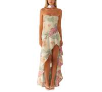 Women Cute Floral Print Cami Tank Midi Ruffle Dress with Scarf Y2k Asymmetrical Mesh Backless Flowy Long Dresses (Beige, M)