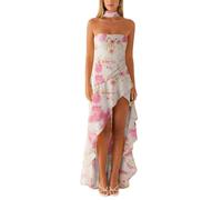 Women Cute Floral Print Cami Tank Midi Ruffle Dress with Scarf Y2k Asymmetrical Mesh Backless Flowy Long Dresses (White, S)