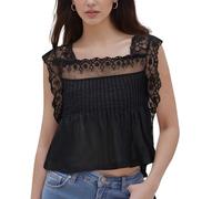 Women Cute Lace Trim Tie Side Crop Top Y2k Sleeveless Square Neck Ruffle Tank Top Y2k Embroidered Going Out Vest(Black,Medium)