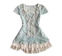 Women Cutecore Short Sleeve Crop Tank Top with Lace Trim 2000s Fairy Vintage Kawaii Fashion Slim Fit Lolita Blue Clothes(Small)