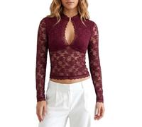 Women Cutout Crop Top Y2k Long Sleeve Sexy Lace Slim Fitted Keyhole Shirt | See Through Scalloped Trim Party Blouse