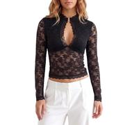 Women Cutout Crop Top Y2k Long Sleeve Sexy Lace Slim Fitted Keyhole Shirt | See Through Scalloped Trim Party Blouse
