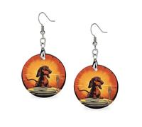 Women Dachshund Looking at Plate Wooden Earrings Lightweight Dangle Earrings Geometric Drop Earring Vintage Round Retro Daily Wear Jewelry Gift for Wedding Party Graduation