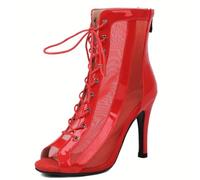 Women Dance Heels Gladiator Sandals Peep Toe Lace Up Zipper Burju Dance Class Shoes Comfortable Dress Sandals Stiletto Heels Patent Red Size 43