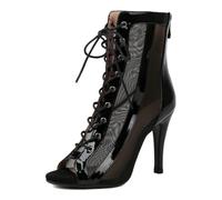Women Dance Heels Gladiator Sandals Peep Toe Lace Up Zipper Burju Dance Class Shoes Comfortable Dress Sandals Stiletto Heels Patent Black Size 38