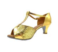 Women Dance Shoes Latin Dance Shoes Mid Heel Ballroom Salsa Tango Party Sequin Dance Shoes Sandals Shoes Pumps T Strap Ankle Buckle Wedding Shoes, gold, 41 EU