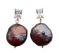 Women Dangle Earrings 21x24mm Freshwater Black Coin Pearl Drop Earrings