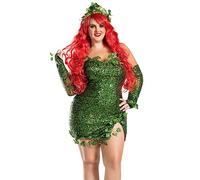 Women Deluxe Green Ivy Halloween Cospaly Costume Strapless Tube Bodycon Dress Fake Leaves Sequin Dress with Gloves+Headwear Set (A-Green, S)
