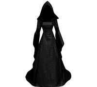 Women Deluxe Witch Dress Renaissance Vampire Halloween Costume | Vintage medieval jacquard hooded gown,dramatic bell sleeves/corset waist.For elf cosplay/LARP/gothic/victorian themed events