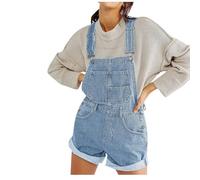 Women Denim Bib Shor Overalls Adjustable Strap Romper Shorts Casual Rolled Cuff Wide Leg Jumpsuit Shortalls with Pocket Petite for Teen Girls