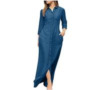 Women Denim Dress Button Down Shirt Dresses Casual Vacation Beach Pockets Long Dress Plus Size Casual Long Sleeve Dress Ladies Summer Sundress Beach A Line Tunic Dress