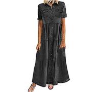Women Denim Dress Clearance Button Down Shirt Dresses Summer Casual Vacation Beach Pockets Long Dress Plus Size Casual Short Sleeve Dress Ladies Plus Size Sundress Beach A Line Tunic Dress