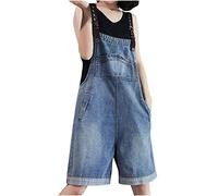 Women Denim Dungarees Shorts Warehouse UK Sale Casual Loose Adjustable Straps Overalls Ladies Baggy Sleeveless Jeans Shorts Knee Length Rompers Vintage One Piece Dungaree Jumpsuit with Pockets