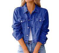 Women Denim Jean Jacket Coat Button Down Distressed Short Outwear with Pocket Long Sleeve Solid Color Casaul All Match Outerwear Gifts for Women Halloween Blouses Shirts Tops Dark Blue