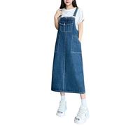 Women Denim Overall Dress Casual Loose Sleeveless Adjustable Straps Jeans Pinafore Dress Mid Length Bib A-Line Maxi Dress with Pocket