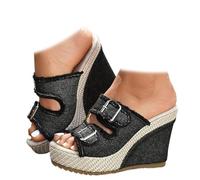 Women Denim Platform Wedge Sandals - Chunky Platform Heels with Arch Support & Breathable Lining, Casual Summer Slip-Ons for Vacation, Walking & Travel (Black,5)