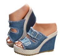 Women Denim Platform Wedge Sandals - Chunky Platform Heels with Arch Support & Breathable Lining, Casual Summer Slip-Ons for Vacation, Walking & Travel (Blue,3)