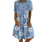 Women Denim Shirt Dresses Sale Clearance Button Down Summer Casual Vacation Beach Pockets Midi Dress Ladies Plus Size Short Sleeve Sundress Beach A Line Tunic Dress, UK Size S-5XL