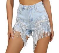 Women Denim Shorts Rhinestone Pearl Beaded Side Fringe Tassel Ripped Jean Short(Size:XX-Large) Light Blue