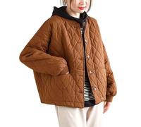 Women Diamond Quilted Jacket Long Sleeve Round Neck Jackets Diamond Quilted Jacket Fashion Casual Non Collar Lightweight Padding Coat Casual Outerwear Winter Coats with Pockets XL