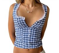 Women Dorothy Costume Blue Gingham Top Lace Trim Plaid Babydoll Tank Camisole Y2k Peplum Ruffle Coquette Cami Vest (Sexy Blue,Medium)
