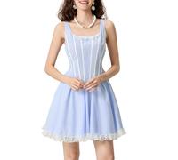 Women Dorothy Costume Gingham Lace Hem Mini Dress Halloween Cosplay Blue Plaid Fairytale Dress (Blue, S)