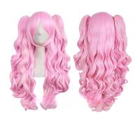 Women Double Ponytails Anime Cartoon Long Wavy Curly Cosplay Wigs Headwear with Bangs for Girls (Pink)