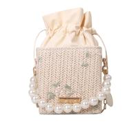 Women Drawstring Mini Shoulder Crossbody Bag Pearl Top-handle Chain Clutch | Flower woven bucket bag Pearl handle chain strap Drawstring closure Mini shoulder crossbody bag Gift ideas daily use
