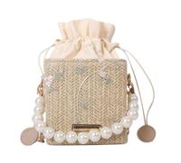 Women Drawstring Mini Shoulder Crossbody Bag Pearl Top-handle Chain Clutch | Flower woven bucket bag Pearl handle chain strap Drawstring closure Mini shoulder crossbody bag Gift ideas daily use
