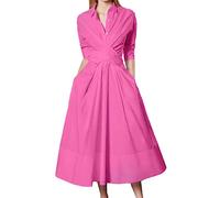 Women Dress Sale Clearance Summer Spring V-Neck Pocket Buttons Casual Loose Mid-Calf Dress UK Ladies Dress Party Elegant Beach Dress Club Cocktail Work Dresses Evening Gowns Shirt Dress Pink L