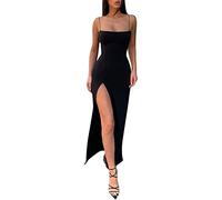 Women Dress Summer Yellow Dress 21St Birthday Gifts for Her Sexy Solid Strap Slim Split Party Club Evening Elegant Long Dress (Black, S) Promotion Clearance