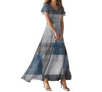 Women Dresses Casual Plus Size Bohemian Short Sleeve Floral Printed Sundress V Neck Long Maxidress Summer Beach Swing Dress,Blue,L