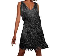 Women Dresses Casual Solid Color Flapper Sequin Fringe Dress Vintage 1920s Cocktail Dance Dress 20s 70s Cowgirl Outfits Sexy Tassel Mini Dress Fancy Dress Festival Outfits for Women UK Black