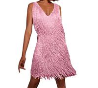 Women Dresses Casual Solid Color Flapper Sequin Fringe Dress Vintage 1920s Cocktail Dance Dress 20s 70s Cowgirl Outfits Sexy Tassel Mini Dress Fancy Dress Festival Outfits for Women UK Pink