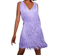 Women Dresses Casual Solid Color Flapper Sequin Fringe Dress Vintage 1920s Cocktail Dance Dress 20s 70s Cowgirl Outfits Sexy Tassel Mini Dress Fancy Dress Festival Outfits for Women UK Purple