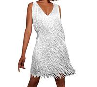 Women Dresses Casual Solid Color Flapper Sequin Fringe Dress Vintage 1920s Cocktail Dance Dress 20s 70s Cowgirl Outfits Sexy Tassel Mini Dress Fancy Dress Festival Outfits for Women UK White