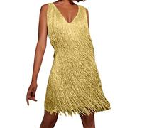 Women Dresses Casual Solid Color Flapper Sequin Fringe Dress Vintage 1920s Cocktail Dance Dress 20s 70s Cowgirl Outfits Sexy Tassel Mini Dress Fancy Dress Festival Outfits for Women UK Gold