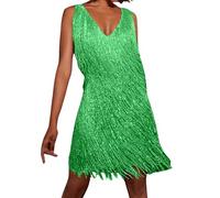 Women Dresses Casual Solid Color Flapper Sequin Fringe Dress Vintage 1920s Cocktail Dance Dress 20s 70s Cowgirl Outfits Sexy Tassel Mini Dress Fancy Dress Festival Outfits for Women UK Green