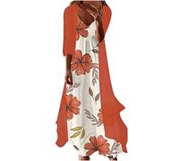 Women Dresses Clearance,Ladies Casual Floral Print O-Neck Sleeveles Tank Dress Solid Chiffon Two-Piece Set UK Sale Work Dress Office Dress Plus Size Wedding Guest Dress Orange