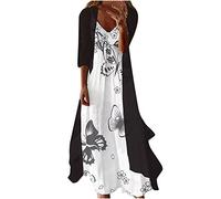 Women Dresses Clearance,Ladies Casual Floral Print O-Neck Sleeveles Tank Dress Solid Chiffon Two-Piece Set UK Work Dress Office Dress Plus Size Wedding Guest Dress Black
