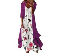 Women Dresses Clearance,Ladies Casual Floral Print O-Neck Sleeveles Tank Dress Solid Chiffon Two-Piece Set UK Work Dress Office Dress Plus Size Wedding Guest Dress Purple