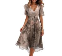 Women Dresses Clearance, Women's Floral Print Chiffon A-Line Midi Dress Short Sleeve V Neck Tie Waist Casual Flowy Evening Dresses for Special Occasions Gifts for Teens,Light Brown,XL,u781k