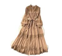Women Dresses French Dress Lace Patchwork Waist Temperament Large Swing Holiday Dress with Same Color Tie-Up Belt, Elegant High-Waisted Pleated Hem A-Line Spring Fall Dress,Khaki,One Size