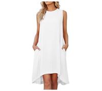 Women Dresses Linen Formal A-Line Dresses Women's Sleeveless Knee Length Loose Swimdresses Ladies Plain Round Neck Activewear Womens Bikini Dresses White,XL