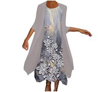 Women Dresses Promotion Clearance,Ladies Casual Floral Print O-Neck Sleeveles Dress Solid Chiffon 2 Piece Set Plus Size Vintage Tank Dress Wedding Guest Dress UK