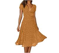 Women Dresses Sale Clearance, Ladies Short Sleeve Maxi Dresses V Neck Floral Swing A-Line Midi Dresses Beach Boho Polka Dot Dress Casual Loose Evening Party Elegant Wedding Guest Dresses Yellow